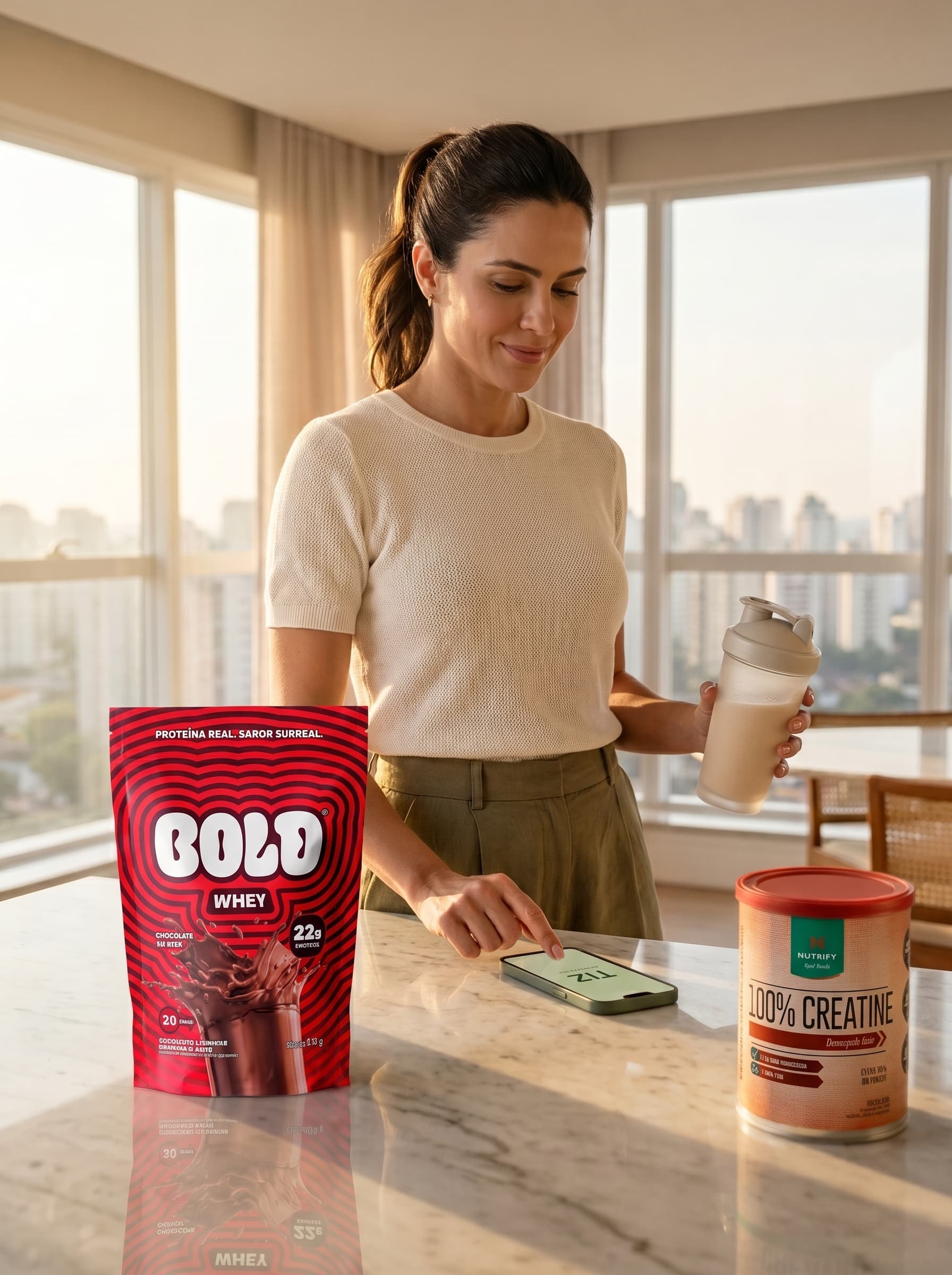 Mulher preparando shake proteico em cozinha contemporânea, com suplementos TIZ sobre a bancada